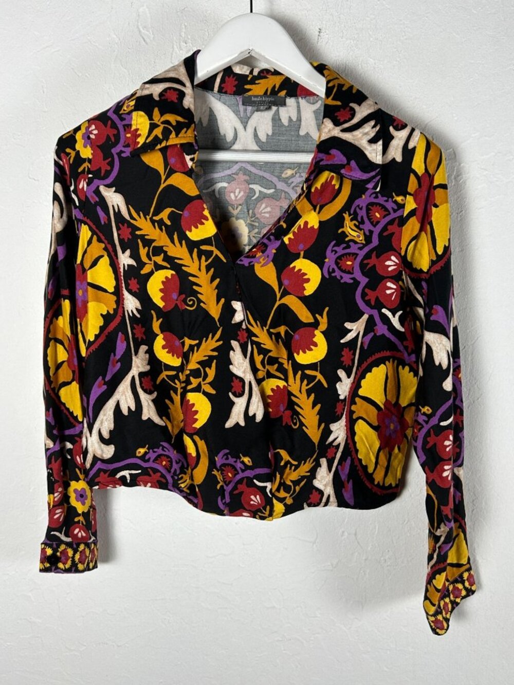 Haute Hippie Geo Floral Long Sleeve Crossover Cropped Blouse Wrap Top Small